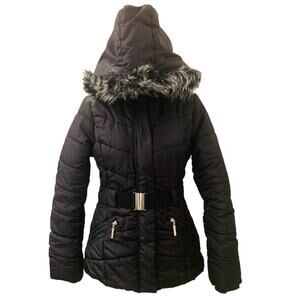 B Hip! by Me Jane Black Belted Winter Coat Hood Faux Fur Size M, ZIPPER BROKEN